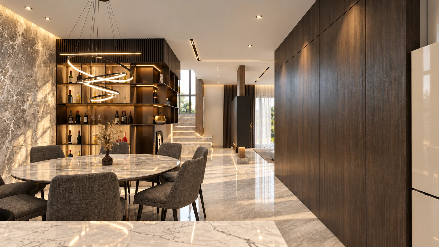 Dining space with marble finishes, sculptural pendant lighting and integrated display cabinetry