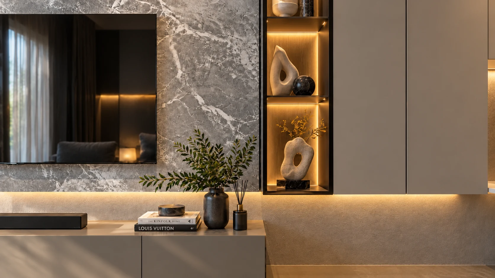 Stone finishes, display niches and concealed lighting.
