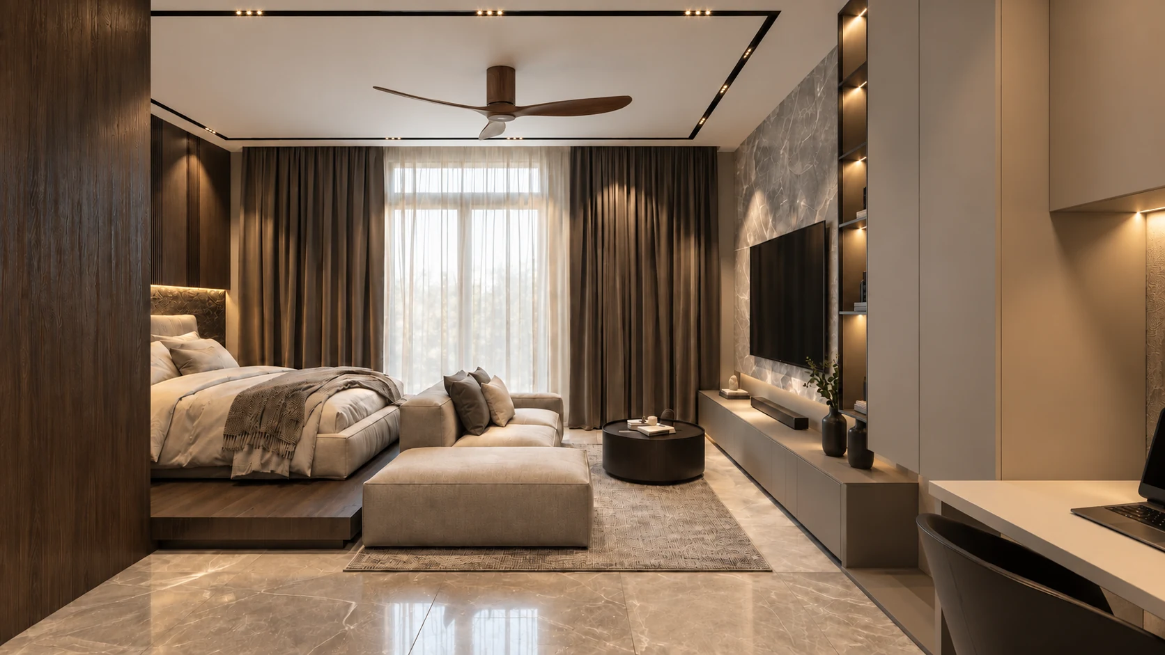 Suite with sleeping, seating and work zones linked by warm material finishes