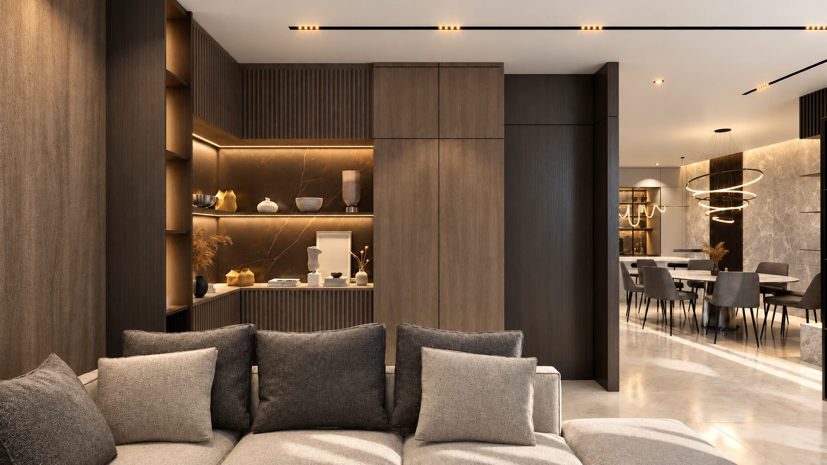 Timber-lined lounge with illuminated display shelving and connected dining area